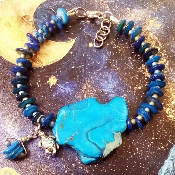 Turquoise & Blue! Sea Sediment Jasper + Genuine Shells + Sea Turtle Bracelet - Picture 6 of 8